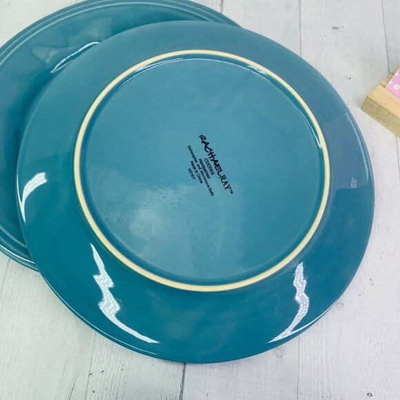 Rachael Ray CUCINA AGAVE BLUE Embossed Edge Rim Stoneware Dinner Plates Set of 4 - Picture 8 of 12